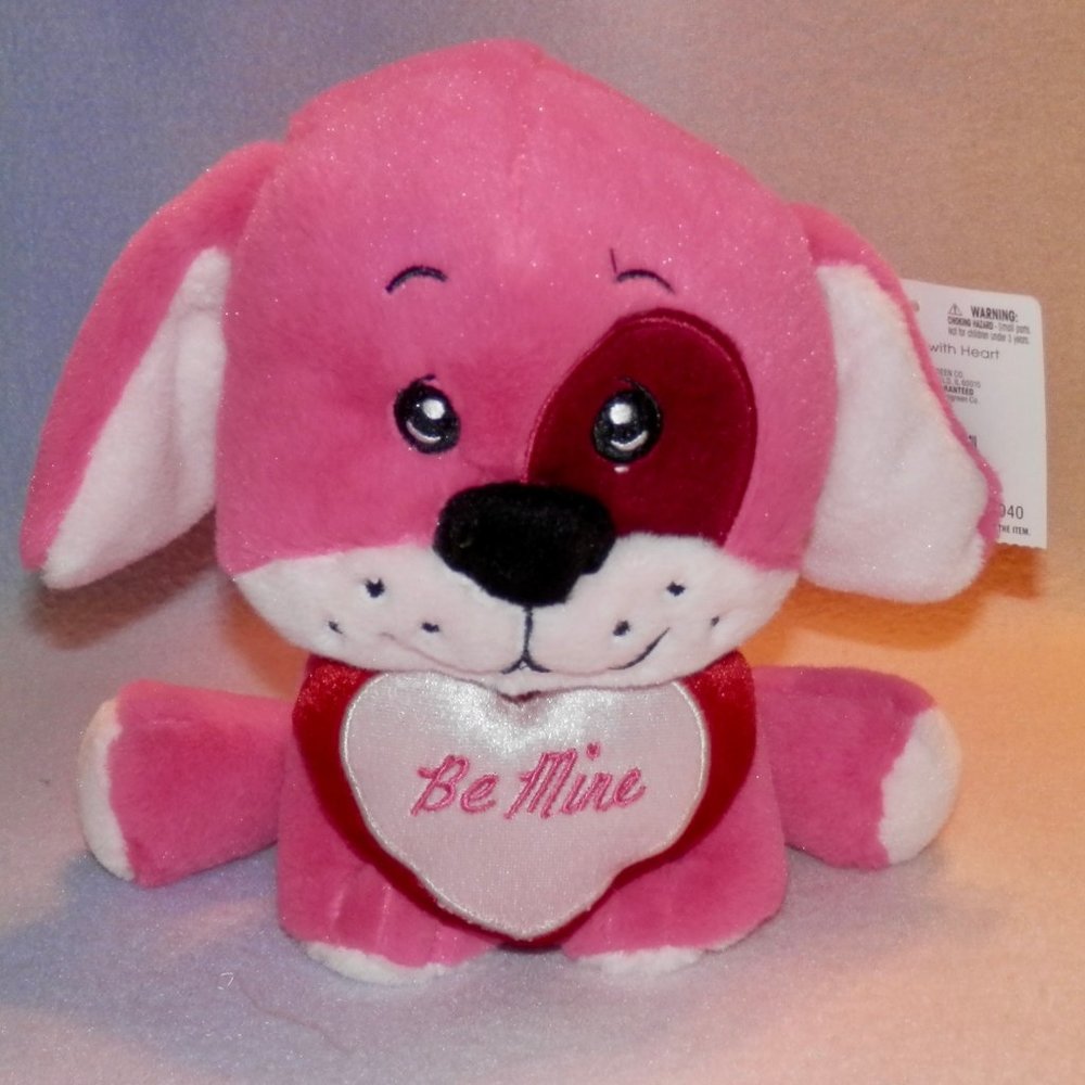 HOT PINK PLUSH PUPPY DOG * HOLDING A RED AND WHITE HEART * 7 IN * CUTE * NEW *